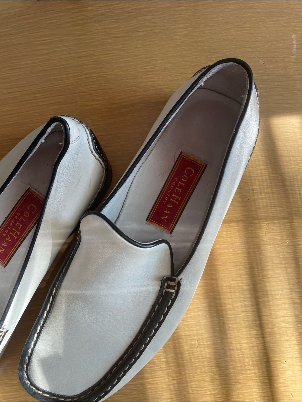 Cole Haan Country White Leather Slip-On Loafers with Black Trim